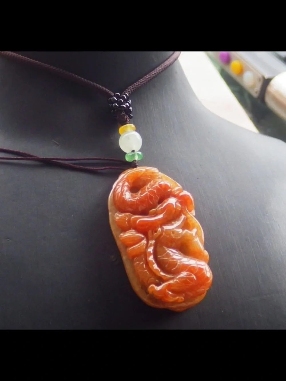 Certificate Jadeite Jade Red orange Wealth Dragon Lotus pendant